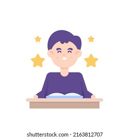 a boy studying and reading a book. facial expressions of people who are happy, comfortable, enjoying the learning process. smart student or child. flat cartoon illustration. vector character design