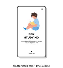 Boy Studying And Reading Educational Book Vector. Boy Studying And Read Encyclopedia Or Alphabet Education Literature. Character Kid Sitting On Floor And Learning Web Flat Cartoon Illustration