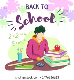 Boy studying at school. School supplies on desk. Vector illustration.