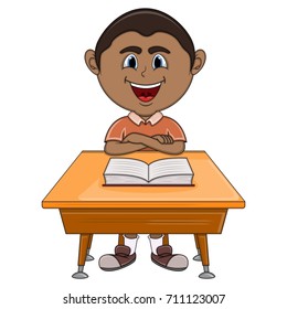 Boy studying with school table cartoon vector illustration