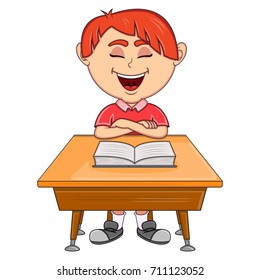 Boy studying with school table cartoon vector illustration