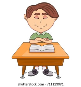 Boy studying with school table cartoon vector illustration