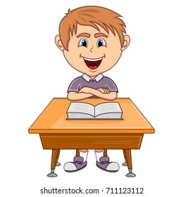 Boy studying with school table cartoon vector illustration
