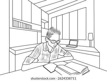 Boy Studying in Study Room Line Art, Black and white line drawing illustration of a young boy wearing glasses, sitting at a desk and diligently reading a book in a study room. A laptop and lamp are