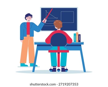 Un niño está estudiando con un profesor, explicando en una pizarra. Diseño de personajes. Ilustración plana de Vector