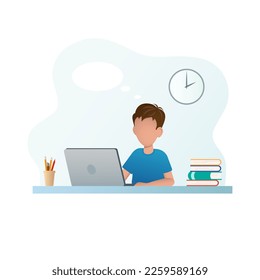 El chico está estudiando. El chico piensa. Al lado del niño hay una laptop, libros, lápices, lapiceros. Ilustración del vector de color.