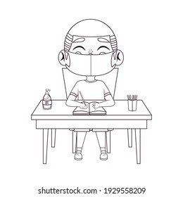 Boy studying wearing a face mask. Back to school - Vector illustration
