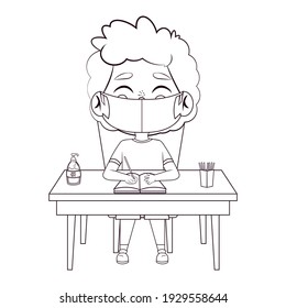Boy studying wearing a face mask. Back to school - Vector illustration