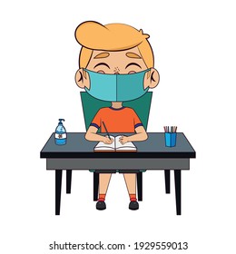 Boy studying wearing a face mask. Back to school - Vector illustration