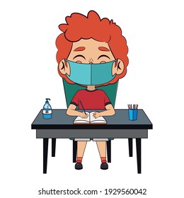 Boy studying wearing a face mask. Back to school - Vector illustration