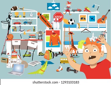 Boy In A Stuffed Room With Too Many Toys, EPS 8 Vector Illustration