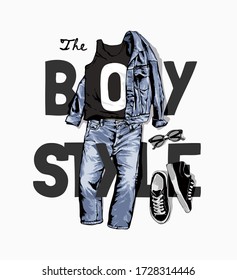 boy style slogan with denim jacket and jeans illustration 