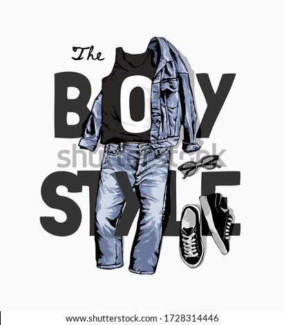 boy style slogan with denim jacket and jeans illustration 