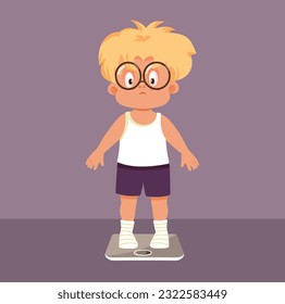 
Boy Suffering from Obesity Weighing Himself on s Scale Vector Illustration. Child feeling sad about his overweight health problems 
