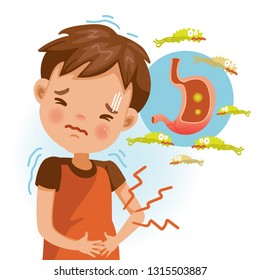 Boy Suffering From Stomach Painful Or Acid Reflux Or Heartburn, Gas, Bloating, Belching And Flatulence. Caused By Gastrointestinal Viral Infections. Gastrointestinal System Disease. 