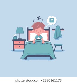 Boy suffers from insomnia and can't sleep in the bedroom isolated vector illustration