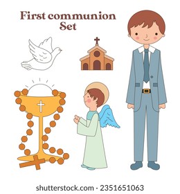 boy with suit and angel gold coupon and hoy spirit with church icons . vector illustration