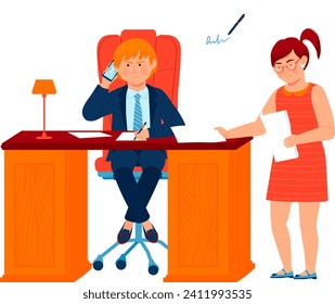 Boy in suit at desk multitasking with phone and notes, secretary with papers. Business kids teamwork in office. Vector illustration