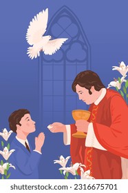 A boy in a suit during the first communion. Vector A priest holds bread, a manifestation of the holy spirit in the form of a white radiant dove. Church member receiving the Eucharist