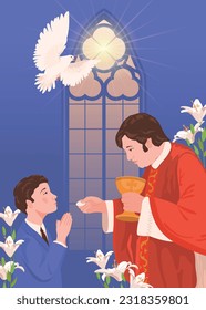 A boy in a suit during the first communion. Vector A priest holds bread, a manifestation of the holy spirit in the form of a white radiant dove. Church member receiving the Eucharist