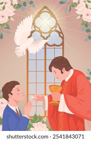 A boy in a suit during the first communion. Vector A priest holds bread, a manifestation of the holy spirit in the form of a white radiant dove. Church member receiving the Eucharist