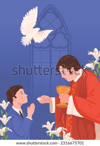 A boy in a suit during the first communion. Vector A priest holds bread, a manifestation of the holy spirit in the form of a white radiant dove. Church member receiving the Eucharist