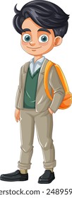 A boy in a suit with an orange backpack