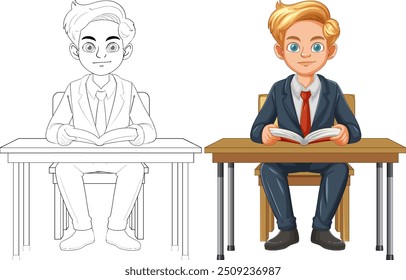 Boy in suit reading book at desk