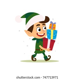the boy in the suit of Santa's assistant with presents. vector