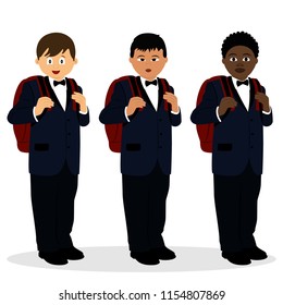 A boy in a suit. Schoolboy with a schoolbag. American, Chinese, African. Collection. Vector illustration.