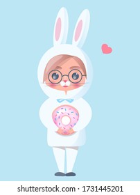 Boy in a suit of a white rabbit. Cute kid with donut in his hands. Vector children's illustration.