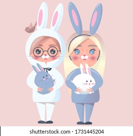 Niño con traje de conejo blanco. Un chico lindo con donut en sus manos. Ilustración de niños vectores.