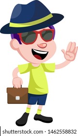 Boy with suitcase, illustration, vector on white background.