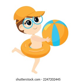 
The boy in summer beach shorts and glasses and baseball caps run with a ball in his hands. Cartoon illustration of a child isolated on a white background.
