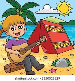 Ilustración de dibujos animados coloreados de verano de Boy Camping