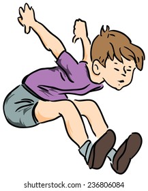Boy in summer clothes jumping in length. Vector illustration.
