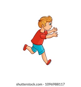 Boy in summer clothing, denim shorts, tshirt running looking back. Ranaway kid icon. Sketch teen male redhead character, child running with afraid face side view. Isolated vector illustration