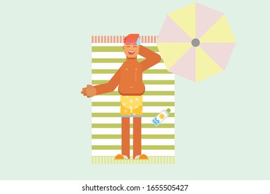 A boy sunbathe. Happy summertime theme. Simple vector illustration, this illustration can use as a sticker also. 