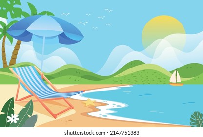 Boy sunbathing by the beach in summer, vector illustration