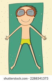Boy sunbathing on the beach, tanning, top view of lying boy vector Illustration flat 