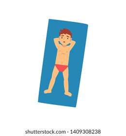 Boy Sunbathing on Beach Towel, Top View of Lying Child Vector Illustration