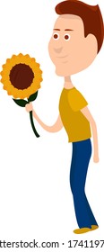 Boy with sunflower , illustration, vector on white background