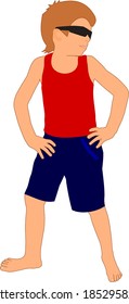 boy in sunglasses, blue shorts, and a red t-shirt is standing barefoot with his head turned to the left. Vector illustration on white background isolated