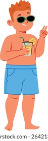 A boy in sunglasses holds a drink with a lemon slice, wearing shorts. The child flashes a peace sign while enjoying a refreshing beverage. Cartoon vector illustration.