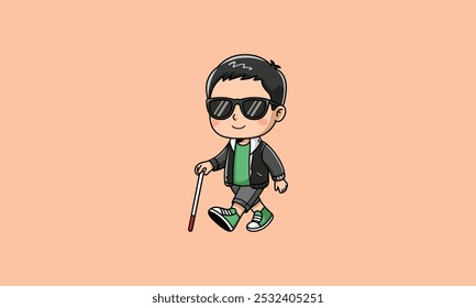 Boy with sunglasses using a white cane, walking confidently.
