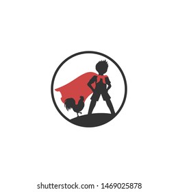 Boy in super hero cape with roaster. Kid superhero with red cape and a roaster. Child wearing red cape with hand on hips. Girl super hero concept for imagination and powerful concept
