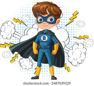 Boy superhero with cape and mask