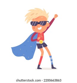 Boy Superhero Character With Silly Pose Vector Illustration. Cartoon Isolated Funny Super Kid Wearing Blue Cape, Hero Costume, Red And Blue Socks Smiling, Crazy Brave Child Showing Joke Gesture