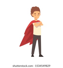 Boy in a superhero cloak cartoon vector illustration