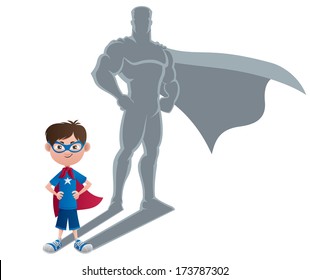 Boy Superhero Concept: Conceptual illustration of little boy with superhero shadow. 